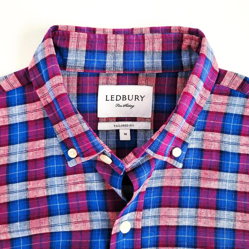 NEW Ledbury Linen Cotton Button Down Shirt Tailored Fit Mens 16 Blue Purple - Picture 2 of 9